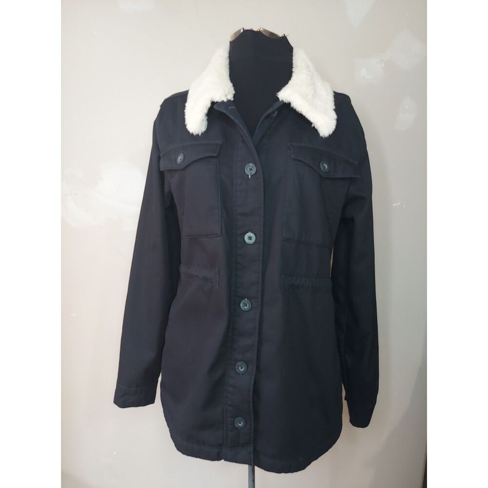 Hang Ten Utility Jacket Drawstring Waist "Fur" Collar Fleece Lined 100% Cotton M